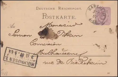 Carte postale P 18I avec DV 687 de HABSHEIM 3.10.1887 à MÜLHAUSEN/ELSASS 3.10.87