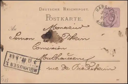 Postkarte P 18I mit DV 687 von HABSHEIM 3.10.1887 nach MÜLHAUSEN/ELSASS 3.10.87