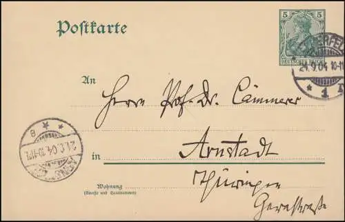 Postkarte P 64 X von ELBERFELD 24.9.1904 nach ARNSTADT / THÜRINGEN 24.9.04