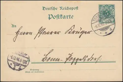 Carte postale P 36I de TRARCACH 6.12.1895 à BONN 6/12/96