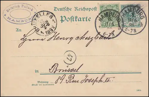 Postkarte P 30I mit DV 192b und Zusatzfr., HAMBURG 11.6.92 nach BRÜSSEL 12.6.92