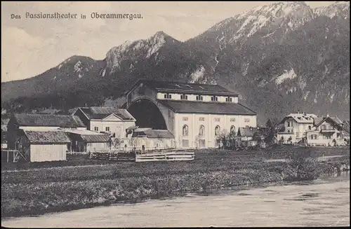 AK Das Passionstheater in Oberammergau 6.8.1910 nach LOUVAIN 8.8.10 in Belgien