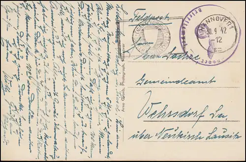 Feldpost BS Kriegsschule Hannover auf passender AK, HANNOVER 30.9.1942