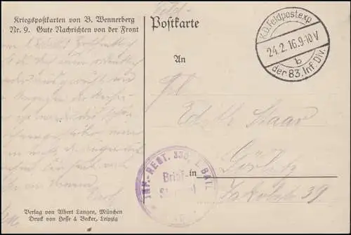 Poste de terrain BS INF.-REGT. 330, I.BATL. 24.2.1916, AK Bonnes nouvelles du front