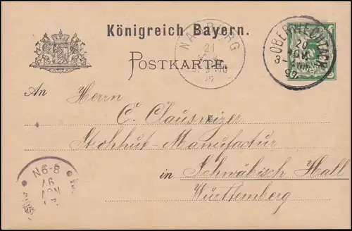 Carte postale P 44/03 de OBERVIECHTACH 20.11.1897 ach HALL (Württemberg) 21.11.97