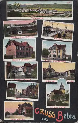 Ansichtskarte Gruss aus Bebra - mit 10 Ansichten u.a. Bahnhof, BEBRA  25.7.1912