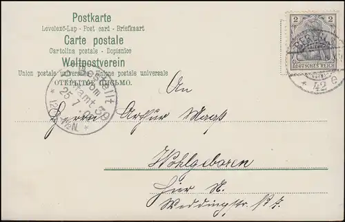 68 Germania 2 Pf. AK Panzerkreuzer Victoria Louise, Ortspostkarte BERLIN 25.7.02