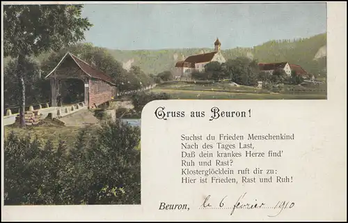 Ansichtskarte Gruss aus Beuron ..., mit Gedicht, BEURON 7.2.1910 nach Belgien