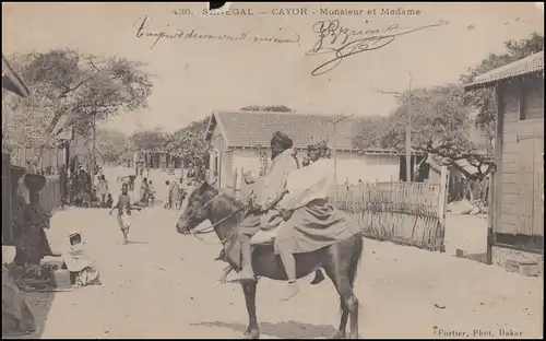 AK Senegal Cayor Mann und Frau auf einem Pferd, DAKAR um 1900 nach Paris