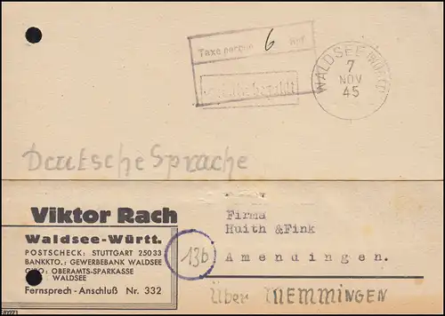 Frais Payés et de taxi Temple 6 Rpf. sur carte postale WALDSEE (WURTT.) 7.11.1945