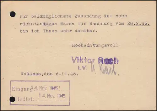Gebühr Bezahlt und Taxe-Stempel 6 Rpf. auf Postkarte WALDSEE (WÜRTT.) 7.11.1945