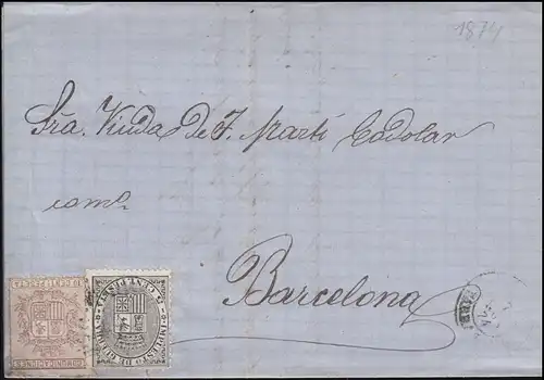 Espagne 145A Armoiries avec timbre d'impôt de guerre ZA 1 Lettre Valencia n. Barcelona 1874