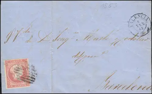 Spanien Königin Isabella 4 Cs. EF Brief VALENCIA 6.2.1858 nach BARCELONA 8.2.58