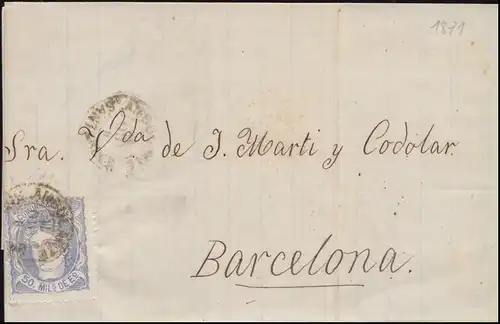 Spanien 101 Freimarke 50 M. EF Brief AMBULANTE SANTANDER 9.8.1871 nach Barcelona