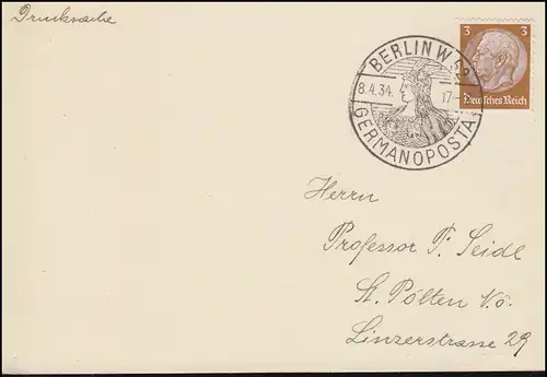 Hindenburg 3 Pf en tant qu'EF sur l'impression SSt BERLIN GERMANOPOSTA 8.4.34