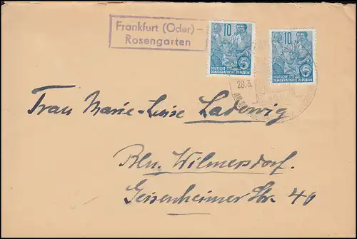 Landpoststempel "Frankfurt (Oder) - Rosengarten" Brief SSt FRANKFURT/O. 28.3.59