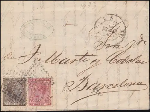 Espagne 168 Roi Alfons avec timbre de guerre ZA 13 Lettre SEVILLA 20.1.1879