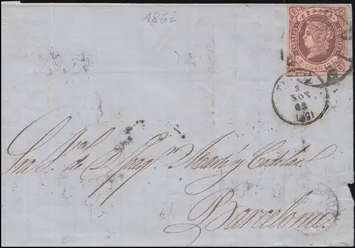Spanien 50 Königin Isabella als EF auf Brief nach Barcelona 6.11.1862