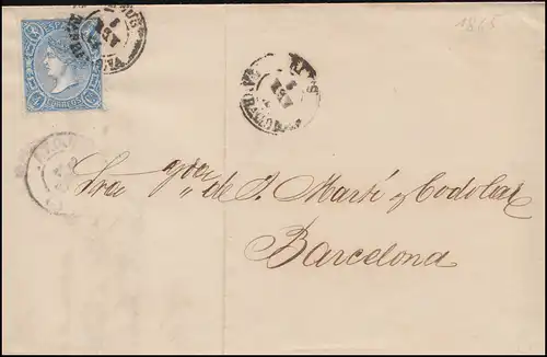 Spanien 68 Königin Isabella 4 Cs. EF Brief REUS / TARRAGONA 1865 nach Barcelona