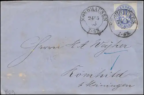 Preußen 17a Adler 2 Sgr Brief Zweikreisstempel NORDHAUSEN 24.5.1865 nach Römhild