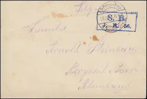 Poste de terrain I.WK S.B. J.R. 56 bleu sur lettre 28.12.1915 vers Bergisch Born