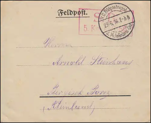 Feldpost I.WK roter S.B. 5. Kp. J.R. 56 auf Brief 29.6.1916 nach Bergisch Born