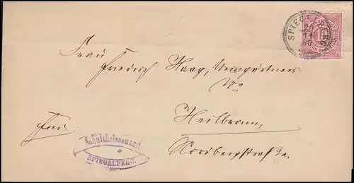 Württemberg 46 Ziffer 10 Pf EF auf Brief SPIEGELBERG 20.11.1889 nach Heilbronn