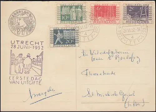 593-596 Reichstelegraphen-Satz auf FDC-Ansichtskarte mit ESSt UTRECHT 28.6.1952