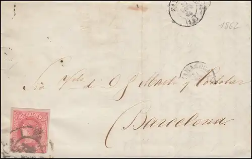 Spanien 56 Königin Isabella EF Brief ZARAGOZA 22.1.1862 nach BARCELONA 26.1.62