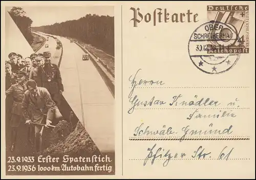 Sonderpostkarte P 263 WHW Spatenstich Autobahn, OBER-SCHREIBENAU 30.12.36
