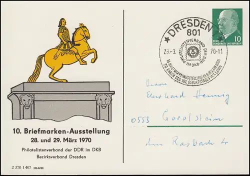 Privat-PK 8/69a Reiterdenkmal 10. Briefmarkenausstellung SSt DRESDEN 28.3.1970