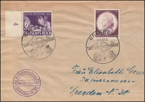 811 Tag der Briefmarke Randstück auf FDC ESSt DRESDEN 11.1.1942 mit 810 Mozart
