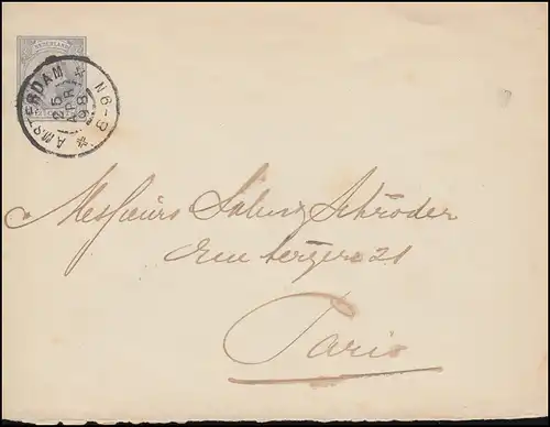 Pays-Bas couverture U 7 Wilhelmine 12 1/2 C gris AMSTERDAM 25.4.1898 vers Paris