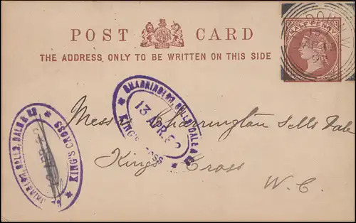 Postkarte Königin Viktoria 1/2 Penny LONDON 15.4.1892 Bestätigung Autoreparatur