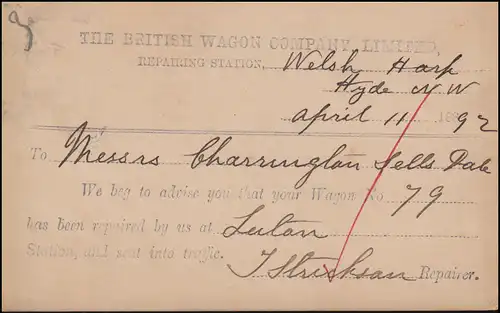 Carte postale Reine Victoria 1/2 Penny LONDON 15.4.1892 Confirmation de réparation automobile