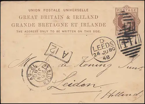 Postkarte P 16 Königin Viktoria 1 Penny DUB LEEDS 447 - 24.6.1880 nach LEIDEN