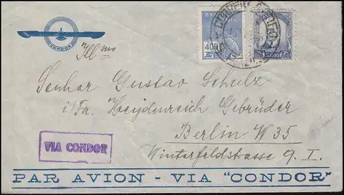 Brief mit violettem Stempel Via Condor aus Brasilien SAO PAULO 1938 nach Berlin