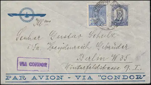 Lettre avec cachet violette Via Condor du Brésil SAO PAULO 1938 à Berlin
