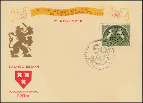 Schmuck-Umschlag 50 Jahre Briefmarkenverein Breda: 411 Durchlochung SSt 21.11.43