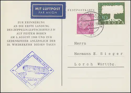 Carte spéciale de la commémoration de Zeppelin 1 atterrissage 1908 ECHTERDINGEN 17.8.1958