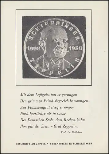 Carte spéciale de la commémoration de Zeppelin 1 atterrissage 1908 ECHTERDINGEN 17.8.1958