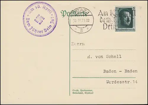 646 Hitler auf Propaganda-Postkarte GRAZ Dem Führer Dein Ja 10.4.38 mit Neben-O