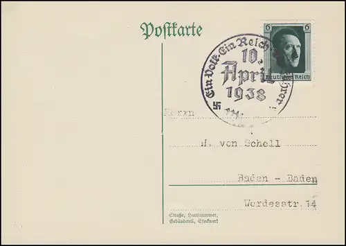 646 Hitler auf Postkarte WIEN 10 April 1938 Ein Volk - Ein Reich - Ein Führer