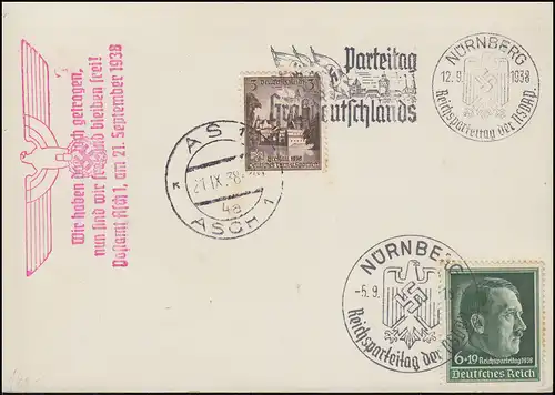 Carte postale avec 2 St NÜRNBERG fête des 5 et 12.8.38 et ASCH 21.9.38