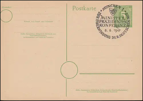 Sonderstempel MÜNCHEN Ministerpräsidenten Konferenz 8.6.1947 auf Postkarte P 950