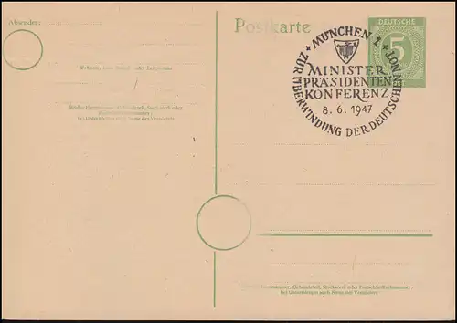 Sonderstempel MÜNCHEN 1 Ministerpräsidenten Konferenz 8.6.47 auf Postkarte P 950