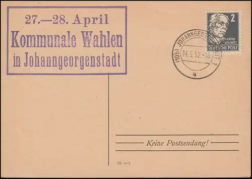 Nebenstempel 27.-28. April Kommunale Wahlen in Johanngeorgenstadt 14.5.52