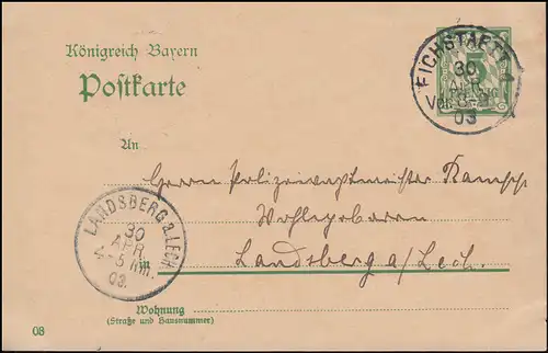 Bayern Postkarte P 60 von EICHSTAETT 30.4.1903 nach LANDSBERG am LECH 30.4.03