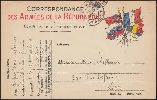Französische Feldpost Artillerieeinheit TRESOR ET POSTES 4.12.1914 nach Lille