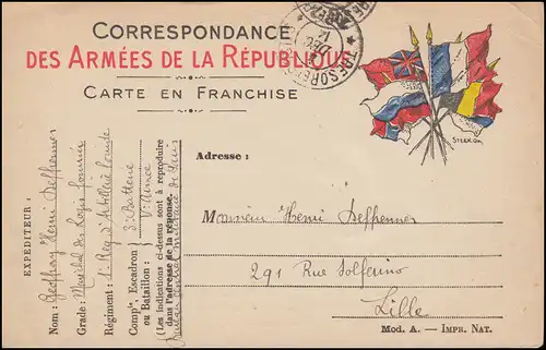 Unité d'artillerie française TRESOR ET POSTE 4.12.1914 à Lille